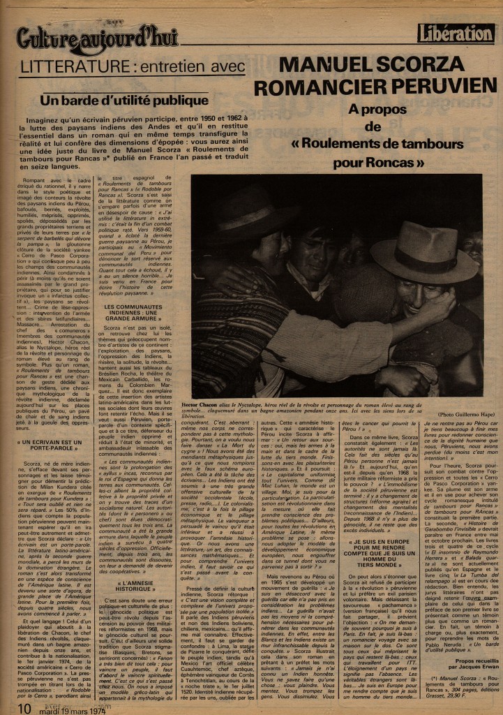 Manuel Scorza, romancier péruvien - Libération 19 mars 1974