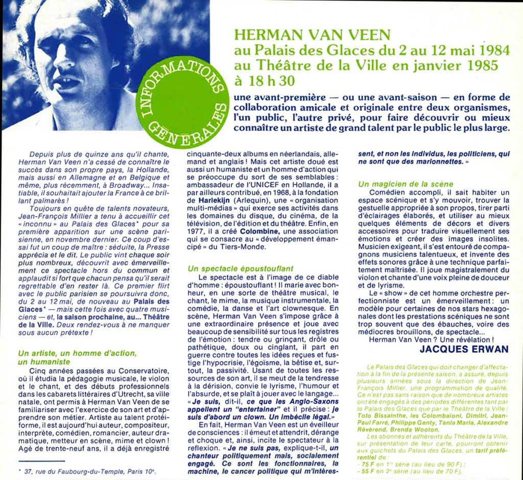 Théâtre de la Ville n°64 - Avril 84 : Herman Van Veen