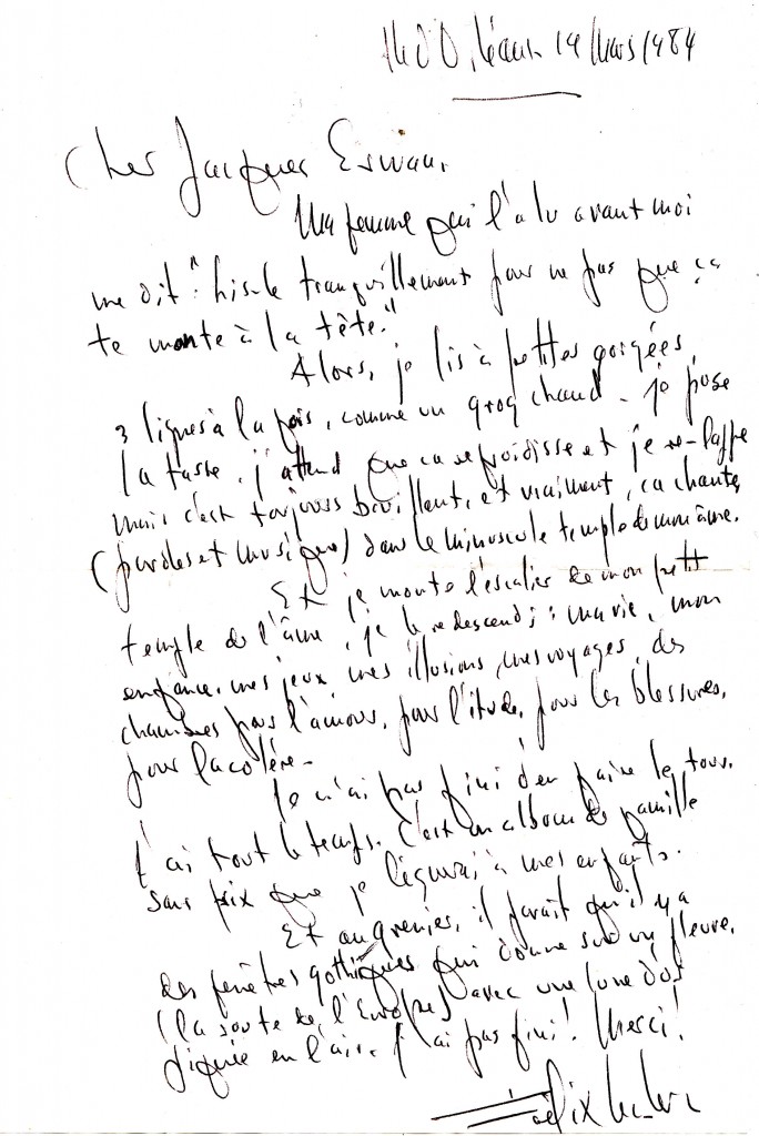 Lettre manuscrite de Félix Leclerc