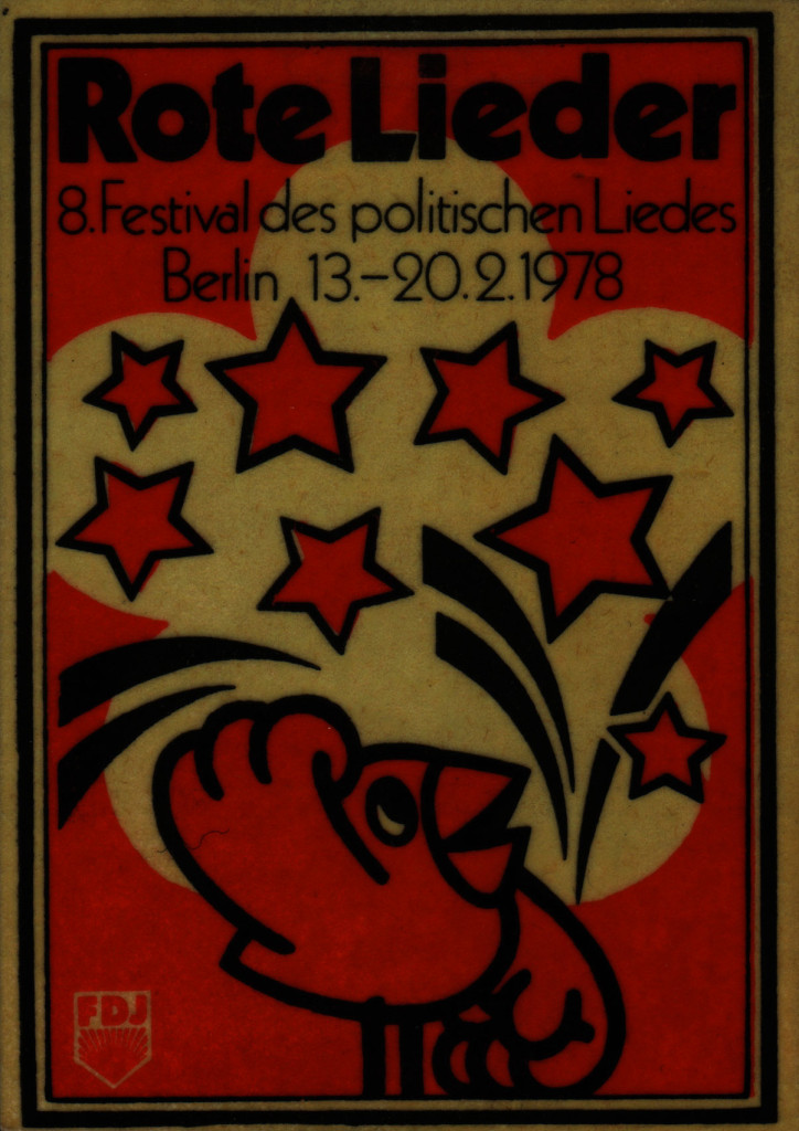 Autocollant du 8ème Festival des chansons politiques, "Rote Lieder" (chansons rouges) en février 1978, à Berlin.